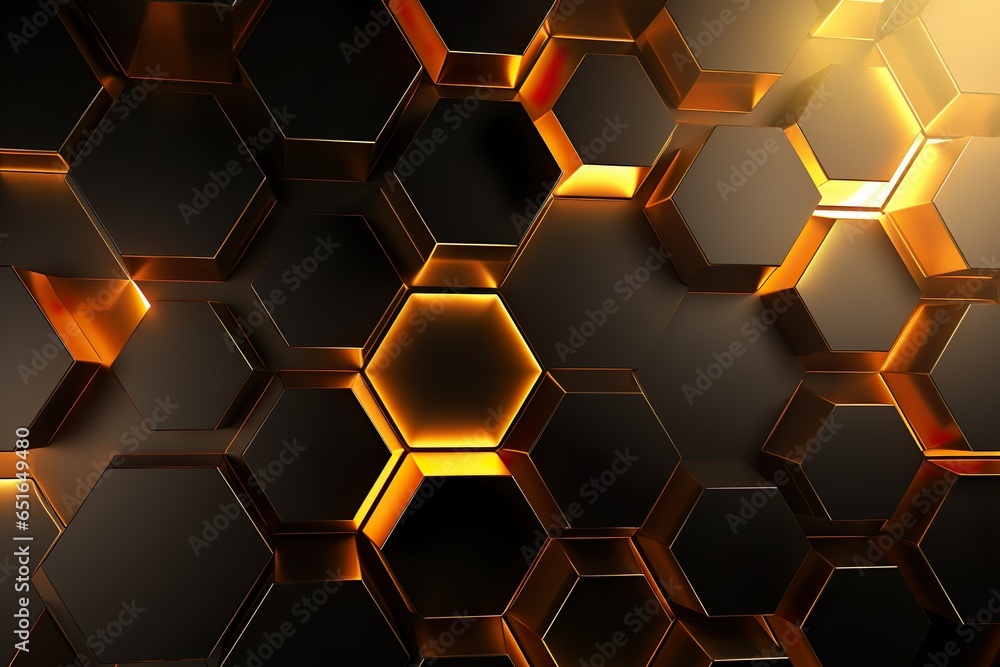 Abstract futuristic luxurious digital geometric technology hexagon background banner illustration 3d - Glowing gold, brown, gray and black hexagonal 3d shape texture wall | Generative AI Abstract futuristic luxurious digital geometric technology hexagon background banner illustration 3d - Glowing gold, brown, gray and black hexagonal 3d shape texture wall | Generative AI