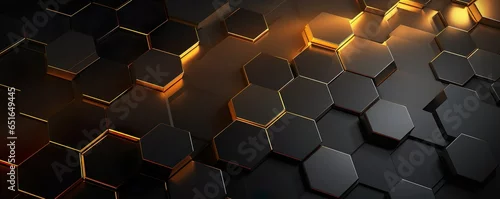 Obraz  z motywem Abstract futuristic luxurious digital geometric technology hexagon background banner illustration 3d - Glowing gold, brown, gray and black hexagonal 3d shape texture wall   Generative AI
