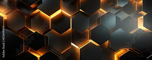 Abstract futuristic luxurious digital geometric technology hexagon background banner illustration 3d - Glowing gold, brown, gray and black hexagonal 3d shape texture wall | Generative AI