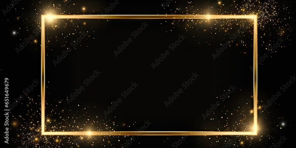 Radiant gold sparkle frame on black background. Magical glowing effect. Golden shimmer. Abstract brightness in dark space. Elegant flare. Shining with luxury and glamour - obrazy, fototapety, plakaty 