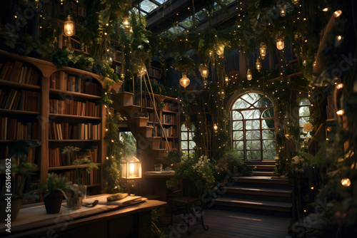 A library scene where bookshelves are adorned with fairy lights and greenery, creating a magical ambiancea photo