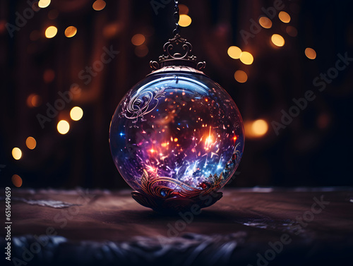 A mesmerizing macro shot of a dark-colored Christmas bauble, reflecting the surrounding lights