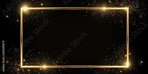 Radiant gold sparkle frame on black background. Magical glowing effect. Golden shimmer. Abstract brightness in dark space. Elegant flare. Shining with luxury and glamour