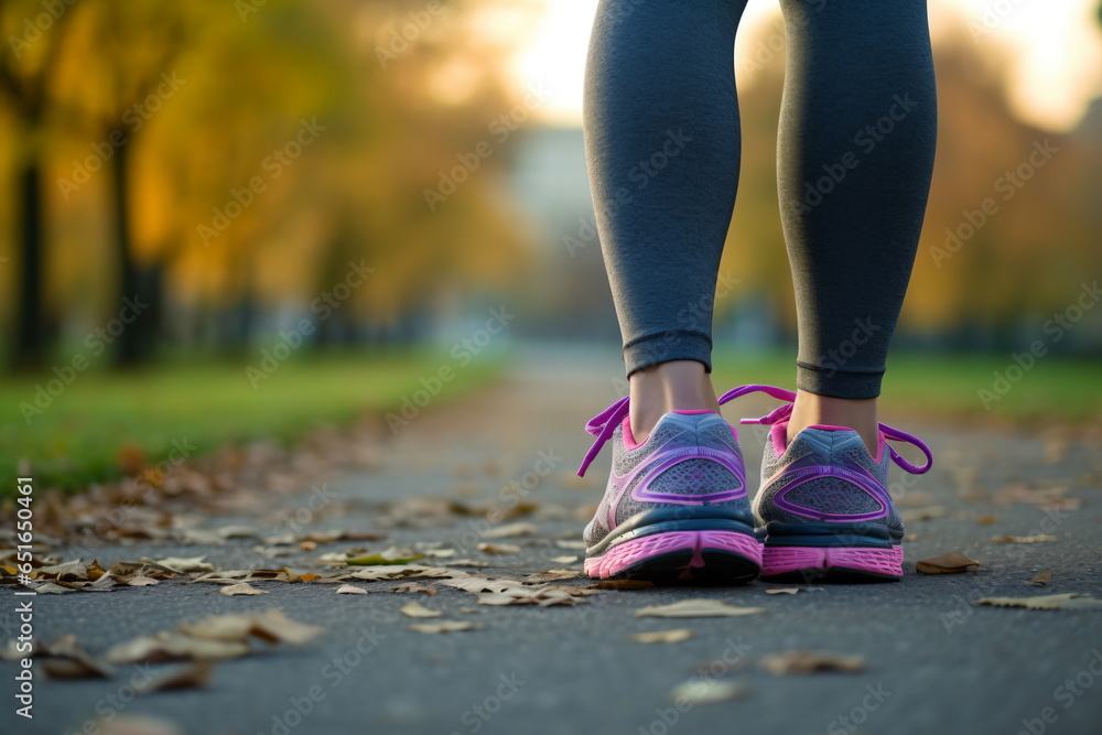 Runner feet running on road closeup on shoe. woman fitness sunrise jog workout welness concept.