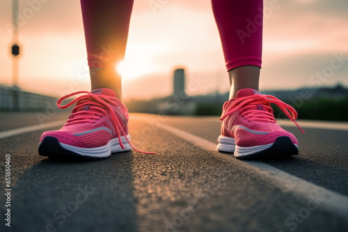 Runner feet running on road closeup on shoe. woman fitness sunrise jog workout welness concept.