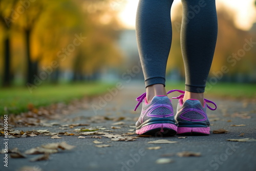 Runner feet running on road closeup on shoe. woman fitness sunrise jog workout welness concept. © duyina1990