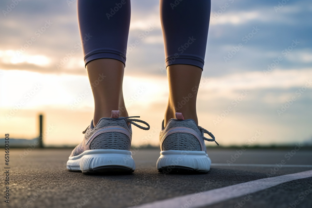Runner feet running on road closeup on shoe. woman fitness sunrise jog workout welness concept. Runner feet running on road closeup on shoe. woman fitness sunrise jog workout welness concept.