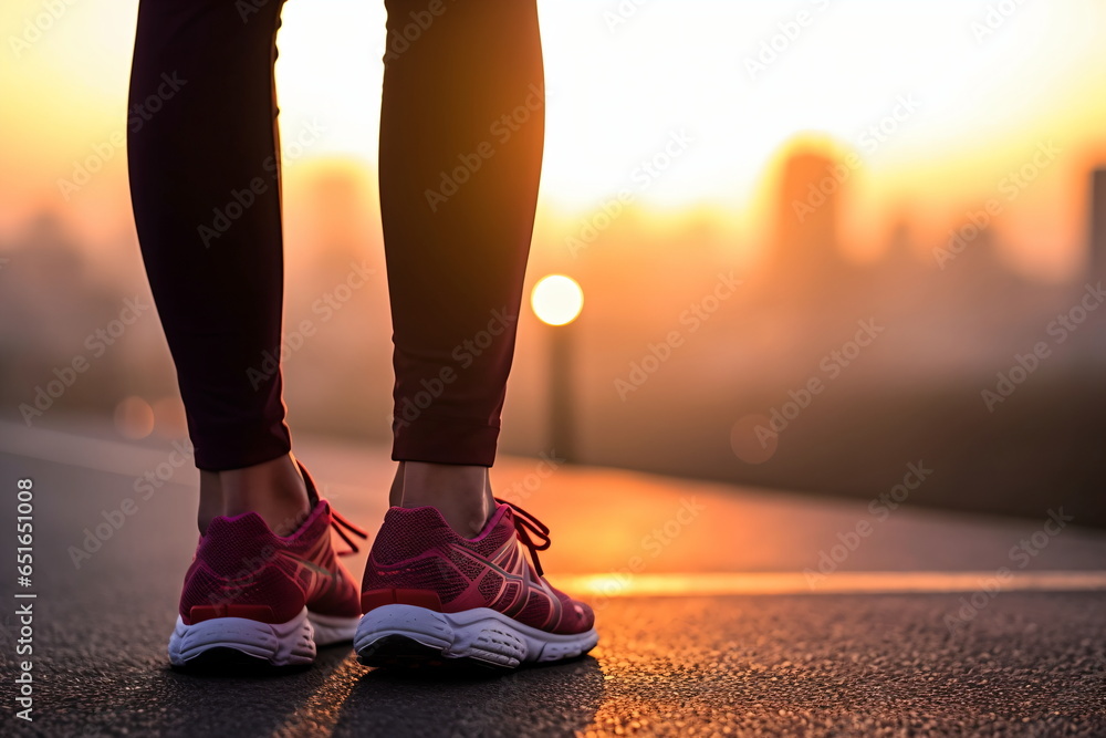 Runner feet running on road closeup on shoe. woman fitness sunrise jog workout welness concept.