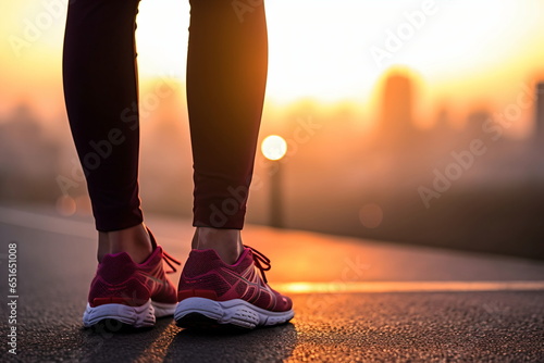 Runner feet running on road closeup on shoe. woman fitness sunrise jog workout welness concept.