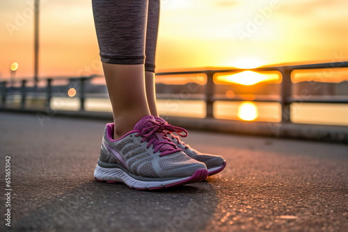 Runner feet running on road closeup on shoe. woman fitness sunrise jog workout welness concept.