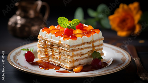 Napoleon cake on a Michelin-starred Western square, generative ai.