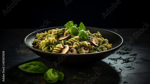 pesto pasta with mushrooms and spinach. Dark ba, generative ai.
