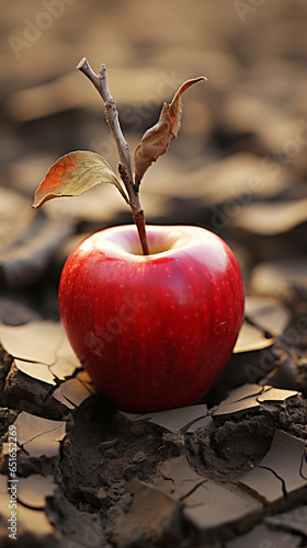 Emblematic apple on dry earth illustrates food insec, generative ai. photo