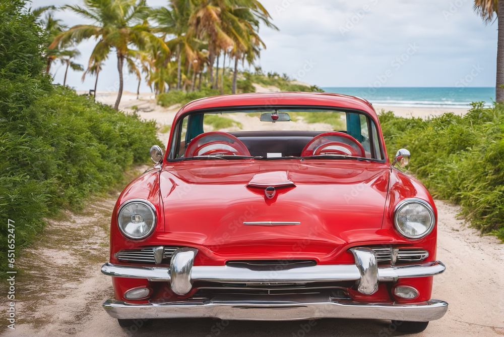 A retro American car on a coconut palm beach in tropical sunshine in summer