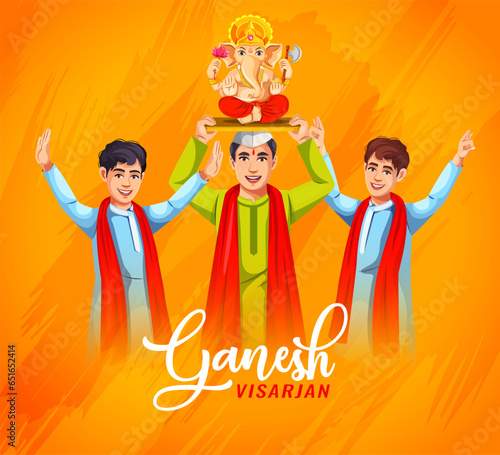 Happy Ganesh Visarjan greetings card design. People dance and celebrate Indian festival