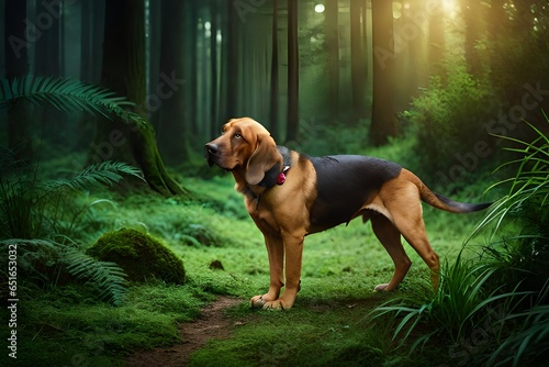 a Bloodhound dog  in jungle