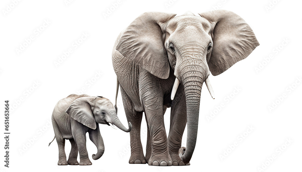 Big elephant with a cute little elephant calf, cut out