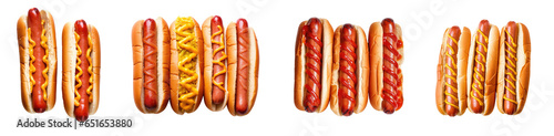 Collection of hot dogs with ketchup, beef sausages, and mustard, isolated on a transparent background.