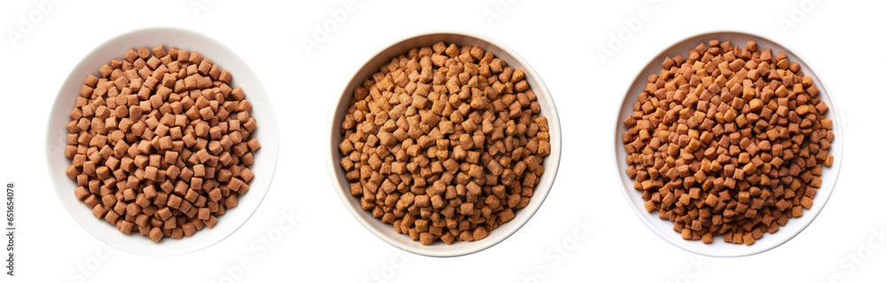 Set of dry dog and cat nutrition food in a white bowl, top view, isolated on a white or transparent background - obrazy, fototapety, plakaty 