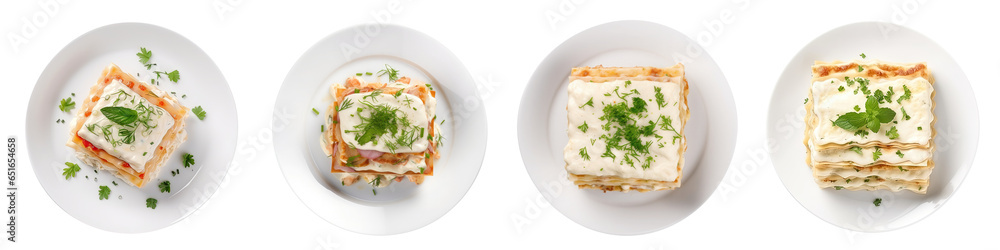 collation of tasty hot lasagna served with a basil leaf on a white plate. Italian cuisine, menu, and recipe Homemade meat lasagna. lesgane isolated on white or transparent background, top view. collation of tasty hot lasagna served with a basil leaf on a white plate. Italian cuisine, menu, and recipe Homemade meat lasagna. lesgane isolated on white or transparent background, top view.