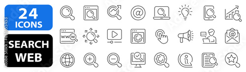 Set 24 Search web icons. SEO analytics icons. Digital marketing, data analysis, employee Management and more. Vector illustration.