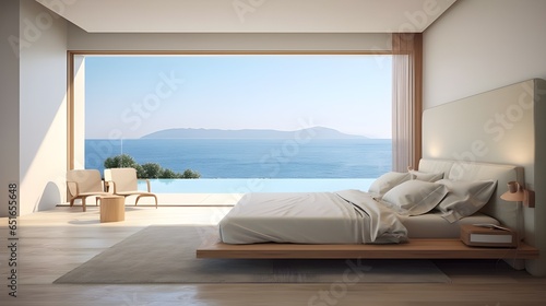 Minimalist interior design of modern bedroom in seaside villa with sea view.  Generate AI