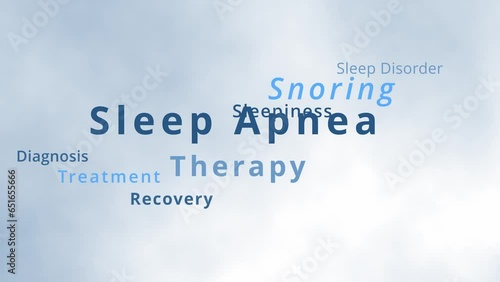 Sleep Apnea therapy word cloud and sleep apnea tag cloud with terms of sleep disorder like breathing rate malfunction or oxygen undersupply due to snoring or obstructive or central sleep apnea therapy photo