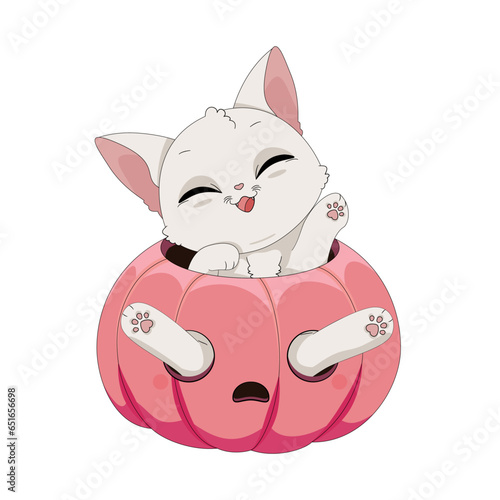 Zabawny kot bawiący się w wydrążonej różowej dyni. Ilustracja na Halloween. Cukierek albo psikus! Uroczy ręcznie rysowany mały kotek. Ilustracja wektorowa.
