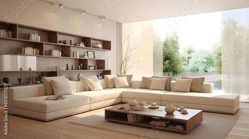 Minimalist interior design of modern living room with beige sofas. Generate AI