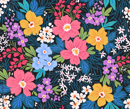 Elegant floral pattern in bright colorful flowers. Liberty style. Floral seamless background for fashion prints. Ditsy print. Blooming meadow. Seamless vector texture. Spring bouquet.