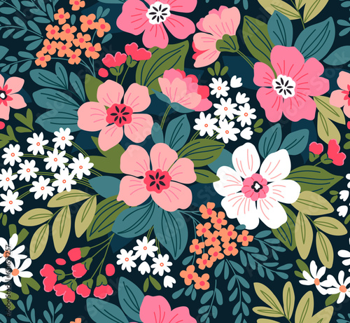 Vector seamless pattern. Pretty pattern in vintage flowers. Small colorful flowers. Dark blue background. Liberty floral background. Beautiful template for fashion prints. Stock vector.