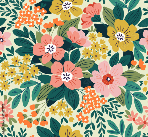 Beautiful floral pattern in small abstract flowers. Small yellow and coral pink flowers. White background. Ditsy print. Floral seamless background. Elegant  template for fashion prints.