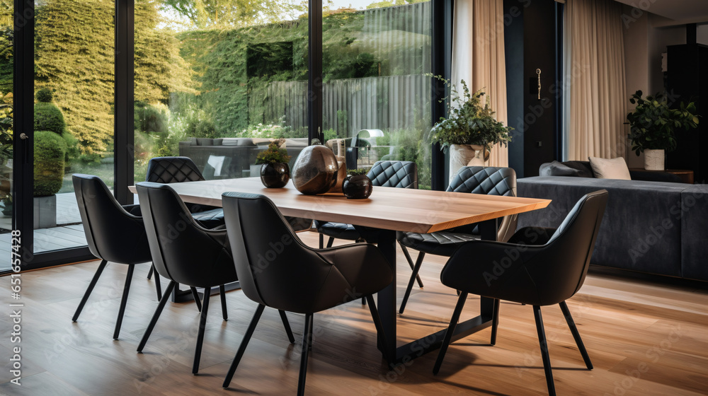 Black chairs and wooden dining table