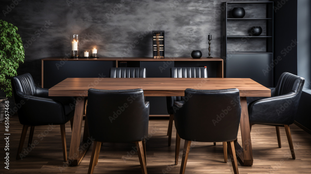 Black chairs and wooden dining table