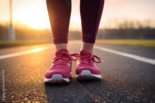 Runner feet running on road closeup on shoe. woman fitness sunrise jog workout welness concept.