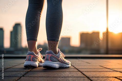 Runner feet running on road closeup on shoe. woman fitness sunrise jog workout welness concept.