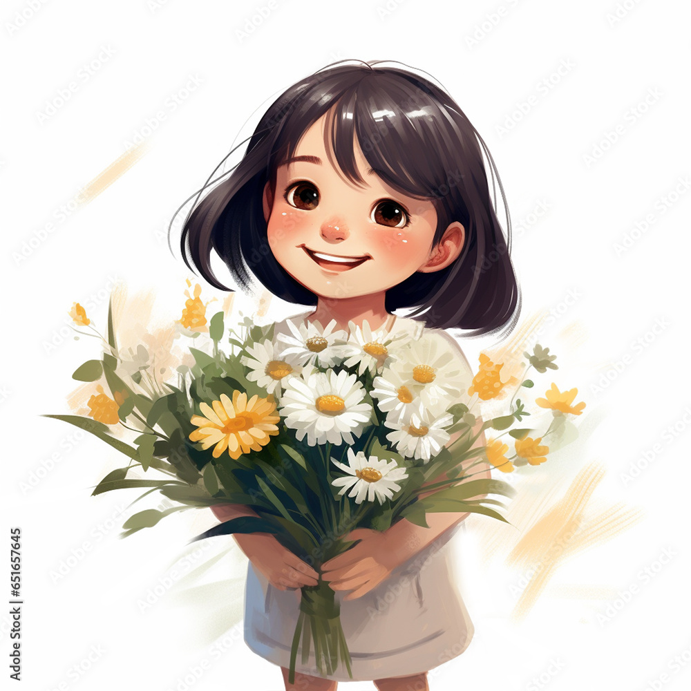Cute little Asian black-haired girl holding a bouquet of flowers Cute little Asian black-haired girl holding a bouquet of flowers