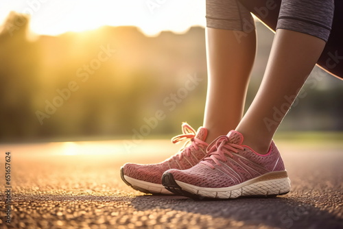 Runner feet running on road closeup on shoe. woman fitness sunrise jog workout welness concept.