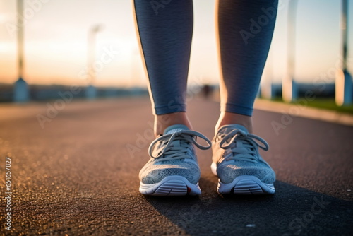 Runner feet running on road closeup on shoe. woman fitness sunrise jog workout welness concept.