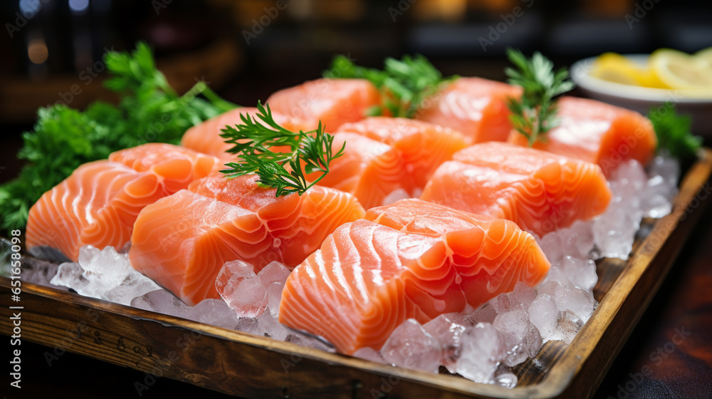 Fresh salmon meat for sale in supermarkets.