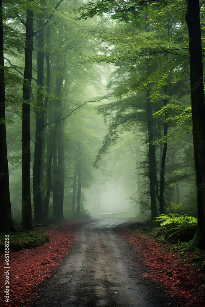 Fototapeta premium dirt road in the woods with trees and foggy fog, generative ai 