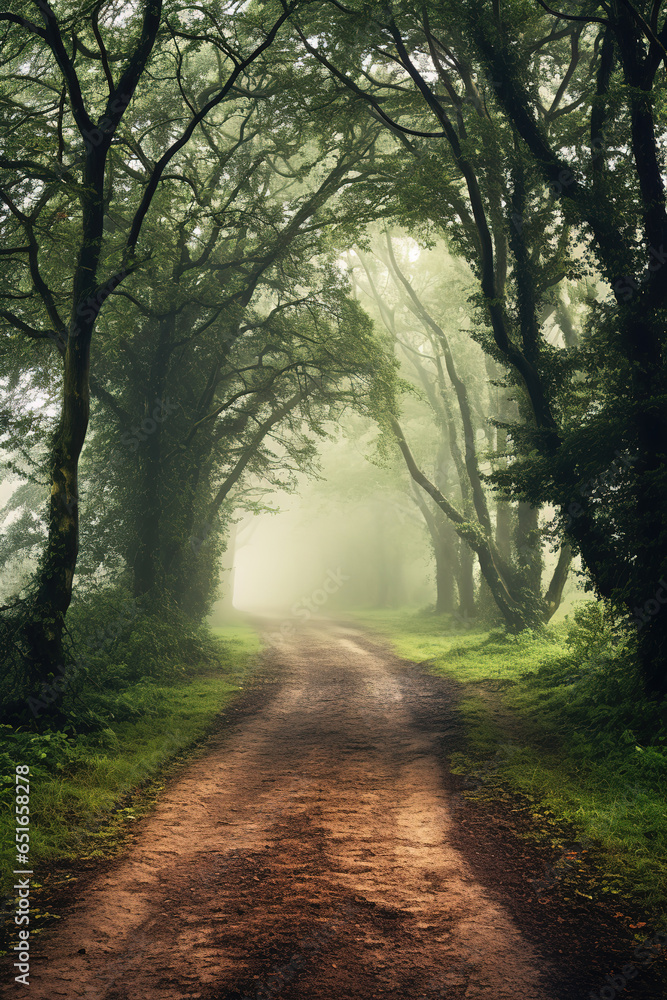 Fototapeta premium dirt road in the woods with trees and foggy fog, generative ai 