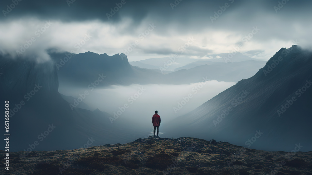 lone figure standing on a misty mountaintop, dramatic landscape, generative ai 