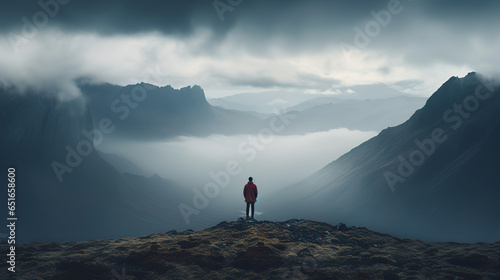 lone figure standing on a misty mountaintop, dramatic landscape, generative ai 