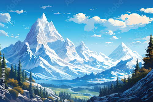 majestic snow-covered mountain range against a bright blue sky, generative ai  © vvalentine