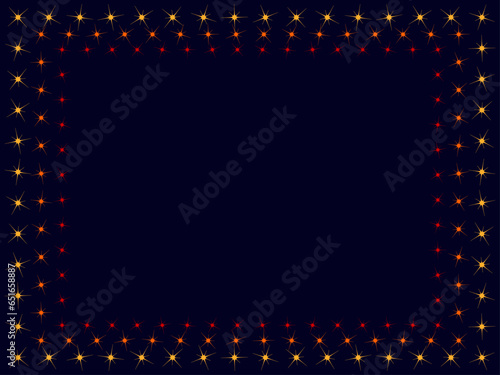 Holiday frame. Pattern of bright sparkling magical neon multi-colored particles, sparks and stars shining with special light. Christmas abstract vector pattern on dark background. 