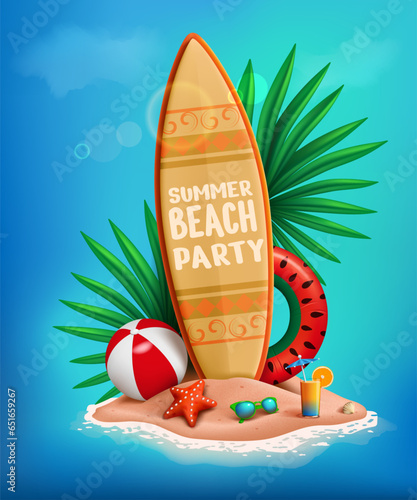 Summer beach party. 3D surfboard and tropical cocktail. Holiday on sand island. Swimming inflatable ring or ball. Extreme vacation activity. Surf board and sunglasses. Vector background