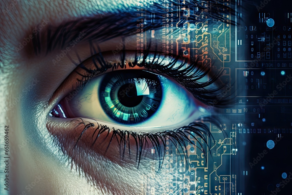 Fototapeta premium Eyes of tomorrow. Exploring futuristic biometric identification. Future of security. Biometric eye scanning in action. Biometric iris identification technology