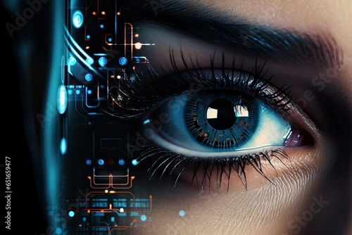 Eyes of tomorrow. Exploring futuristic biometric identification. Future of security. Biometric eye scanning in action. Biometric iris identification technology