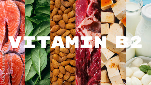 Photos White inscription VITAMIN B2 (riboflavin) on a background of photos of most co